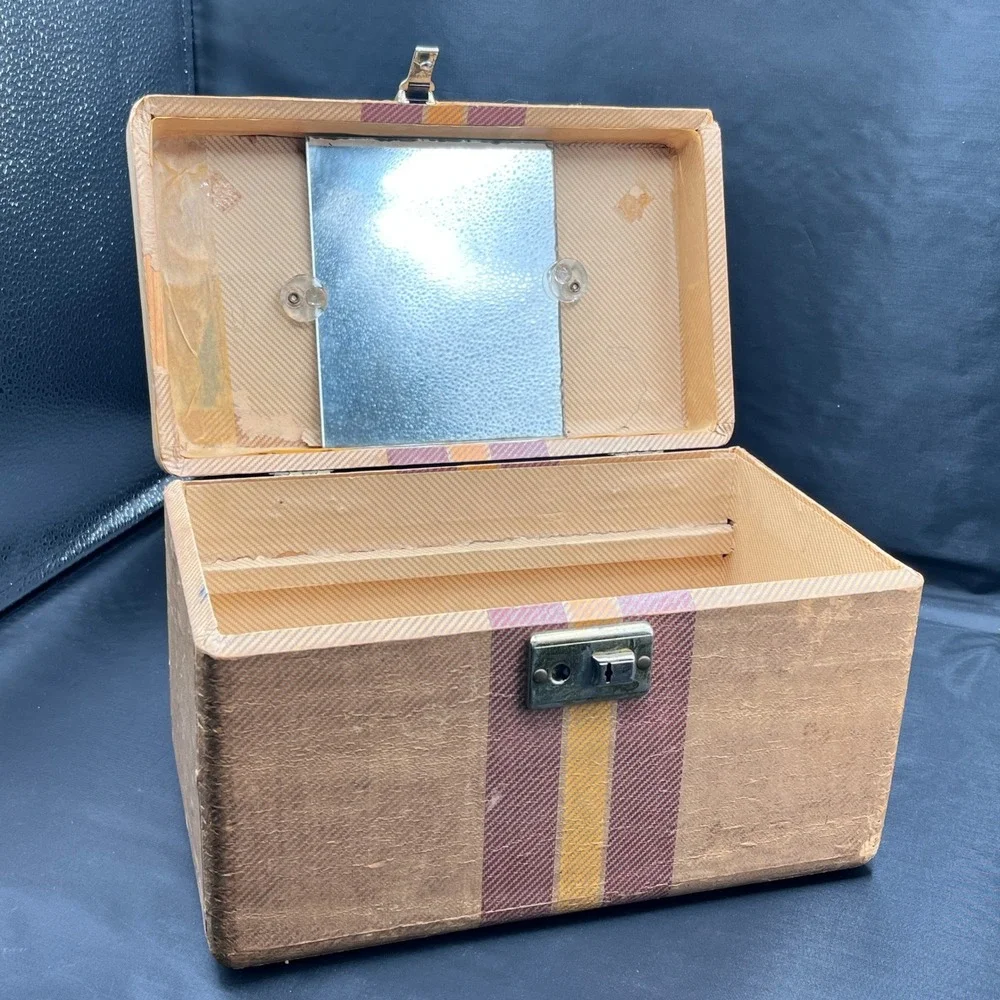 Vtg Vanity Case Train Luggage Retro Makeup Box Storage Trunk Handle Lock No Key‎